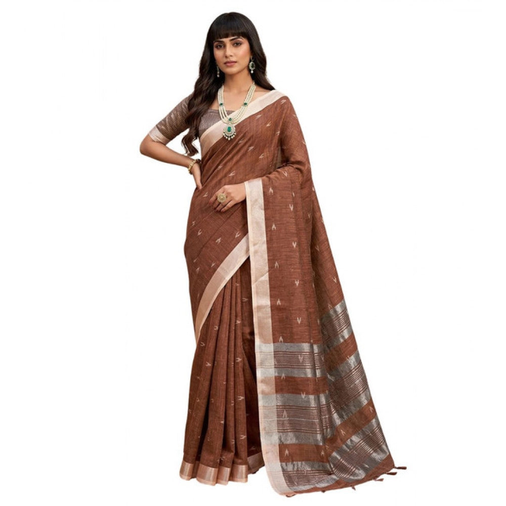 Women's Linen Cotton Printed Saree With Unstitched Blouse 5.5Mtr (Brown)