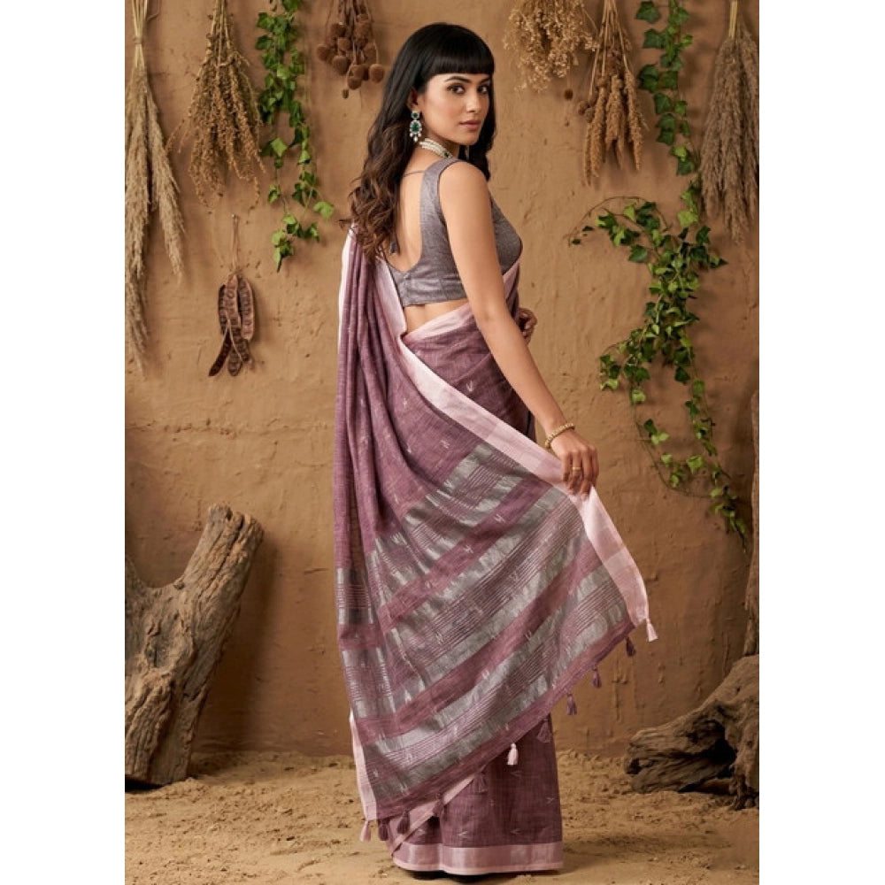 Women's Linen Cotton Printed Saree With Unstitched Blouse 5.5Mtr (Purple)