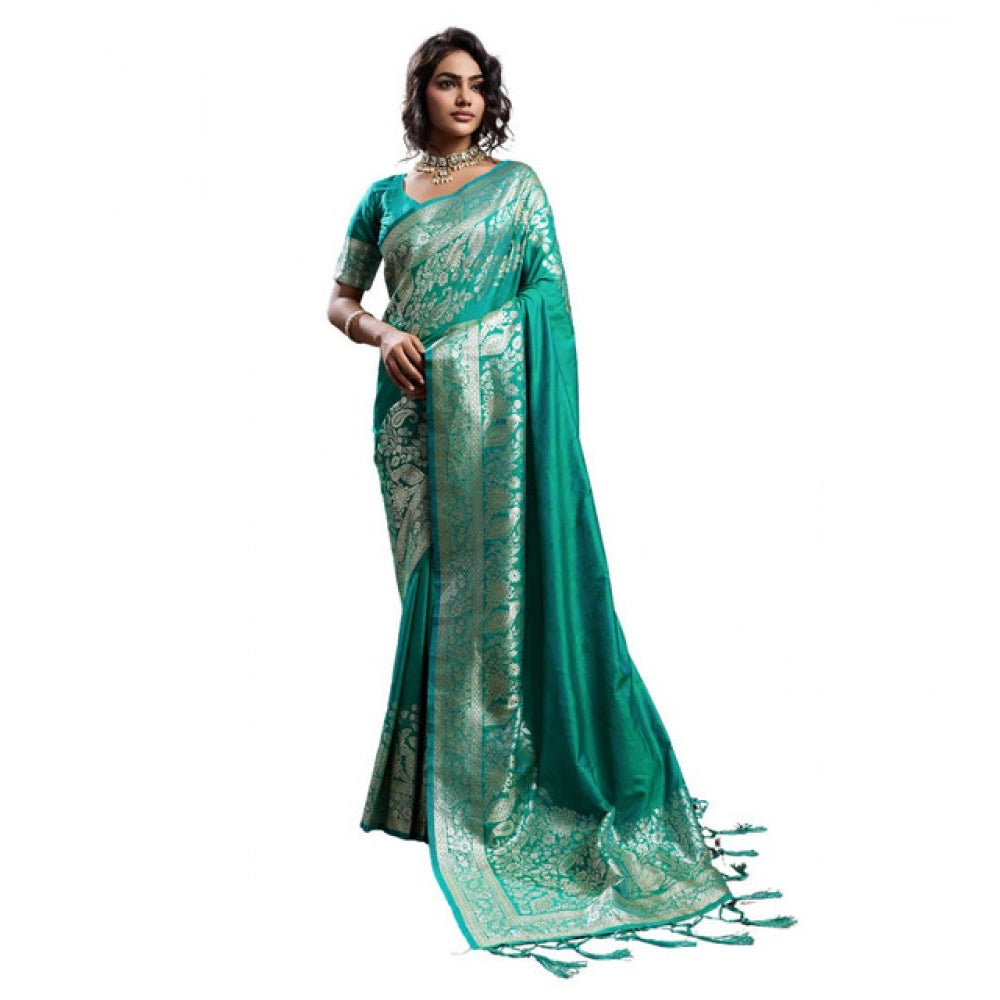 Women's Silk Blend Printed Saree With Unstitched Blouse 5.5Mtr (Teal Green)