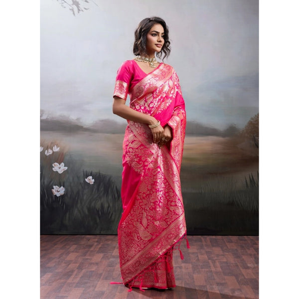 Women's Silk Blend Printed Saree With Unstitched Blouse 5.5Mtr (Pink)