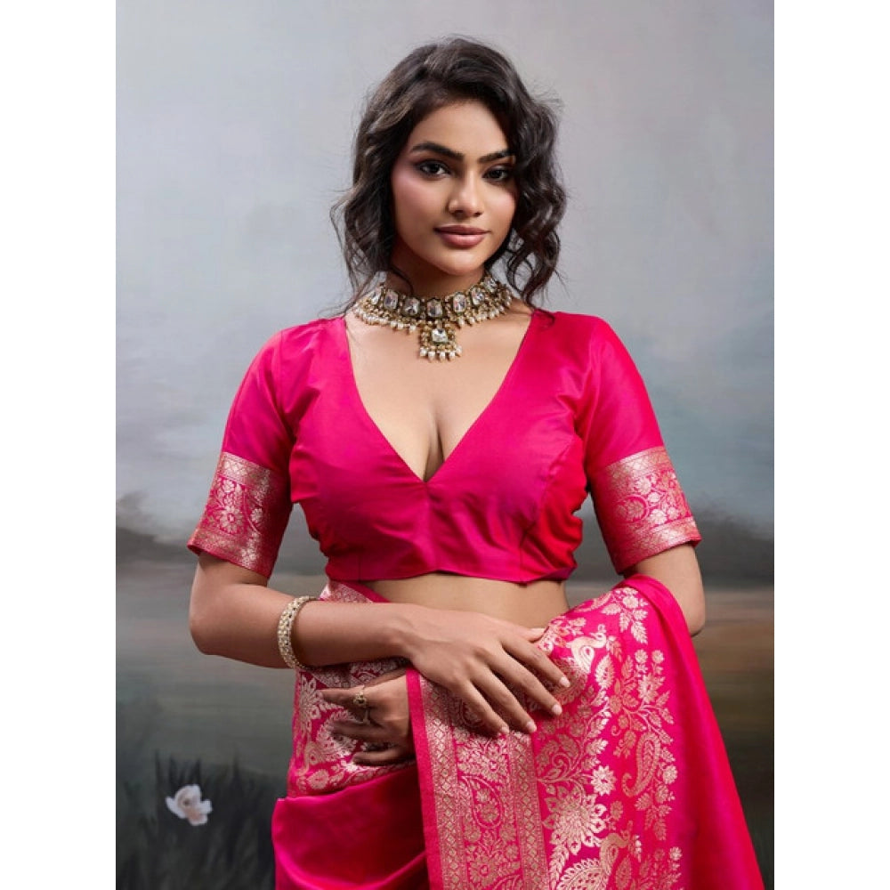 Women's Silk Blend Printed Saree With Unstitched Blouse 5.5Mtr (Pink)