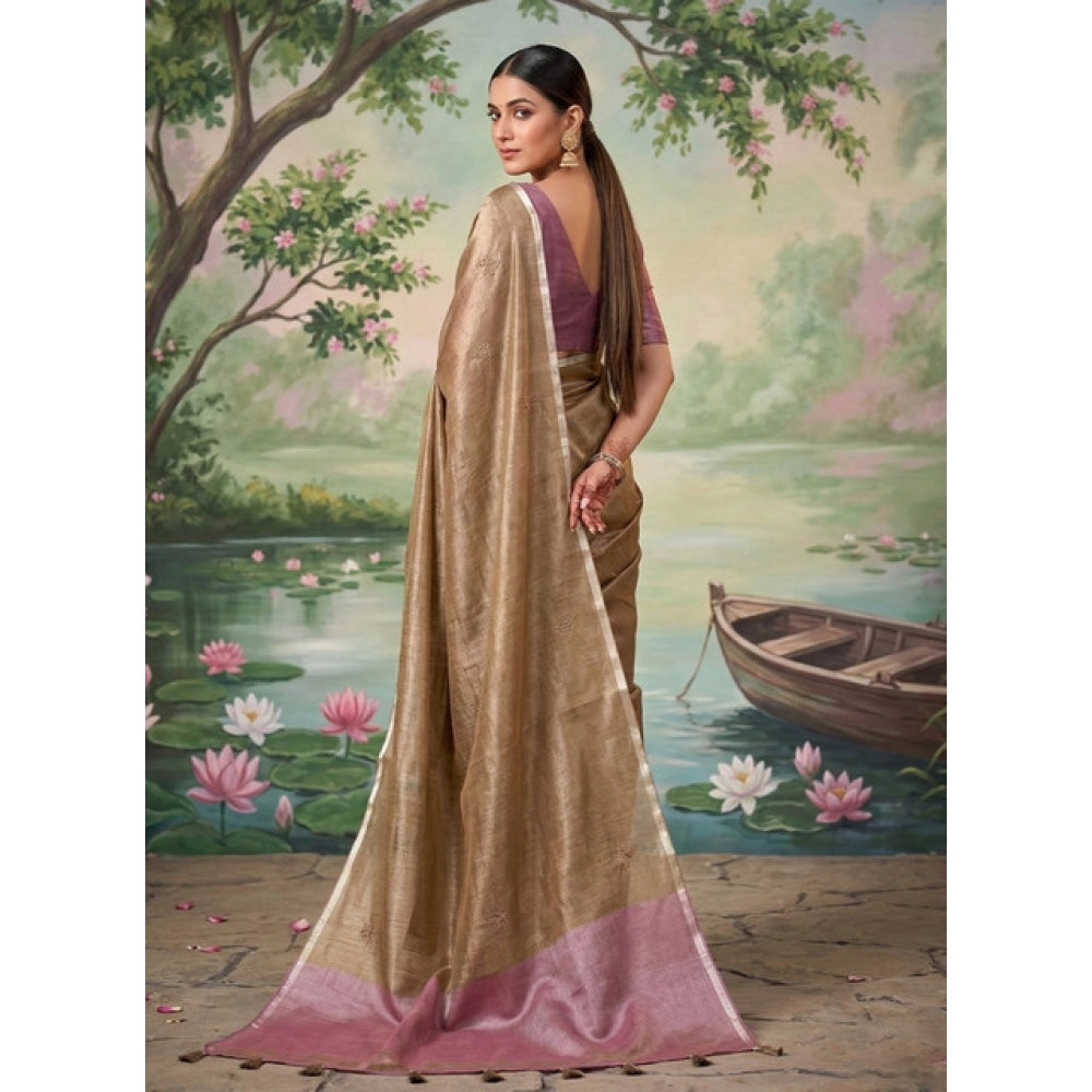 Women's Tissue Silk Solid Saree With Unstitched Blouse 5.5Mtr (Brown)