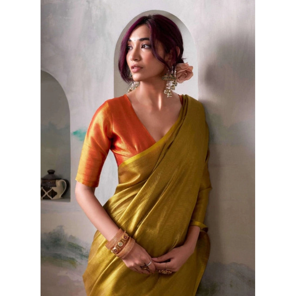 Women's Tissue Silk Solid Saree With Unstitched Blouse 5.5Mtr (Mustard)