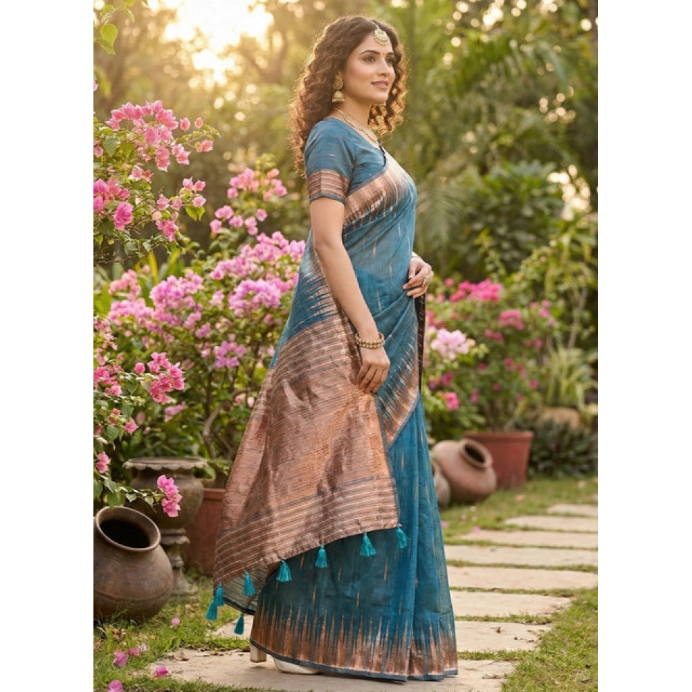 Women's Linen Cotton Printed Saree With Unstitched Blouse 5.5Mtr (Blue)