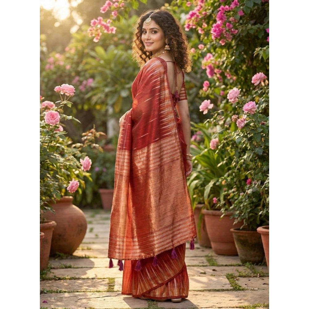 Women's Linen Cotton Printed Saree With Unstitched Blouse 5.5Mtr (Red)