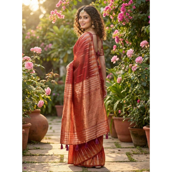 Women's Linen Cotton Printed Saree With Unstitched Blouse 5.5Mtr (Red)