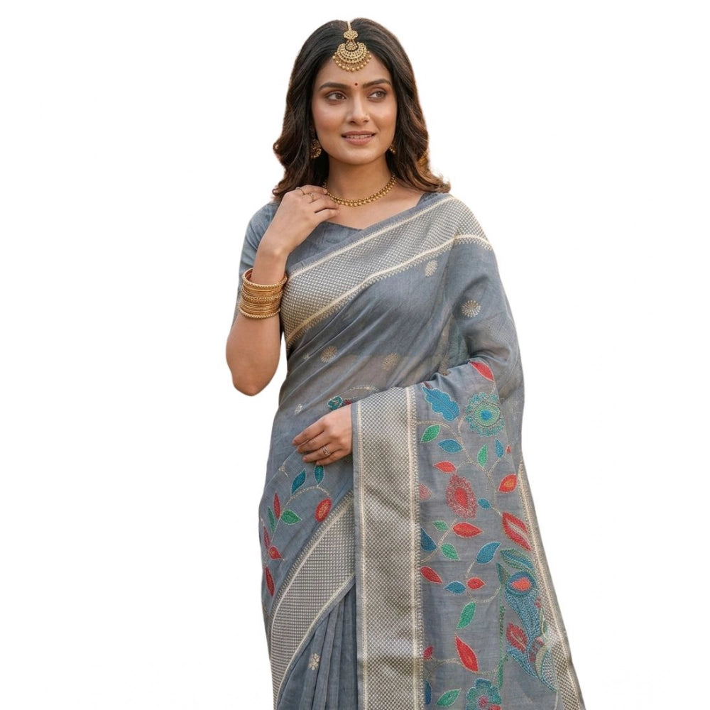Women's Linen Cotton Floral Embroidered Saree With Unstitched Blouse 5.5Mtr (Gray)