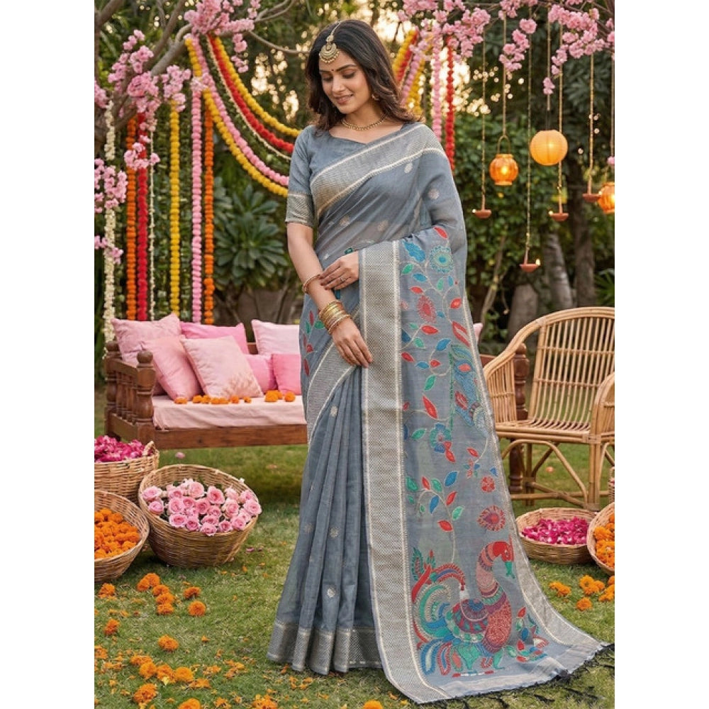 Women's Linen Cotton Floral Embroidered Saree With Unstitched Blouse 5.5Mtr (Gray)
