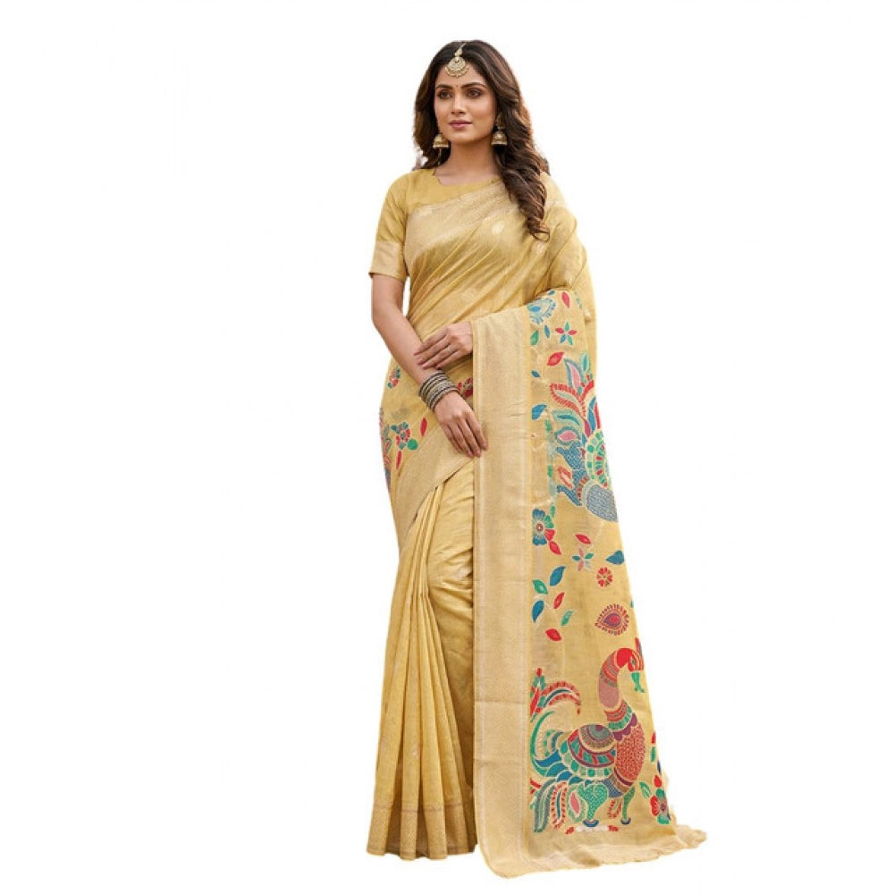 Women's Linen Cotton Floral Embroidered Saree With Unstitched Blouse 5.5Mtr (Yellow)