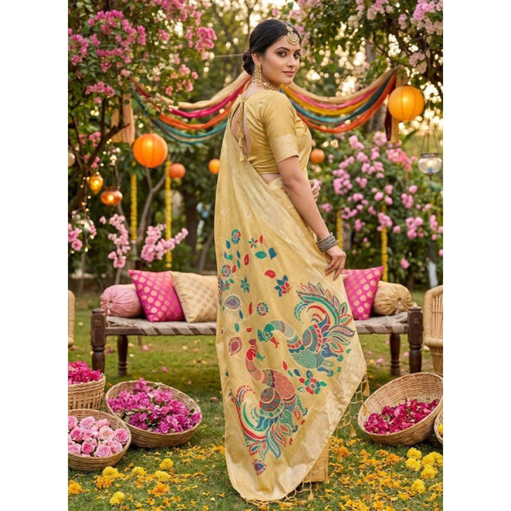 Women's Linen Cotton Floral Embroidered Saree With Unstitched Blouse 5.5Mtr (Yellow)