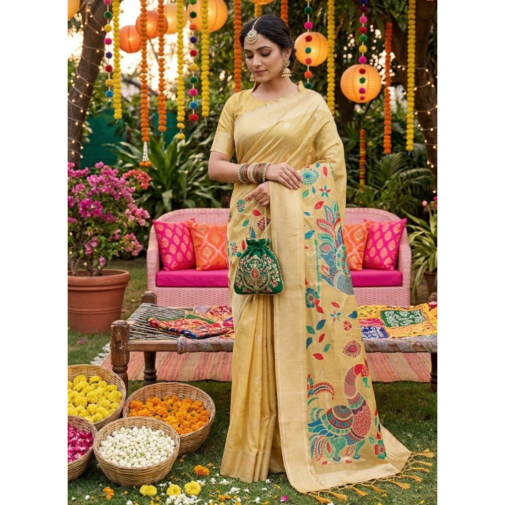 Women's Linen Cotton Floral Embroidered Saree With Unstitched Blouse 5.5Mtr (Yellow)