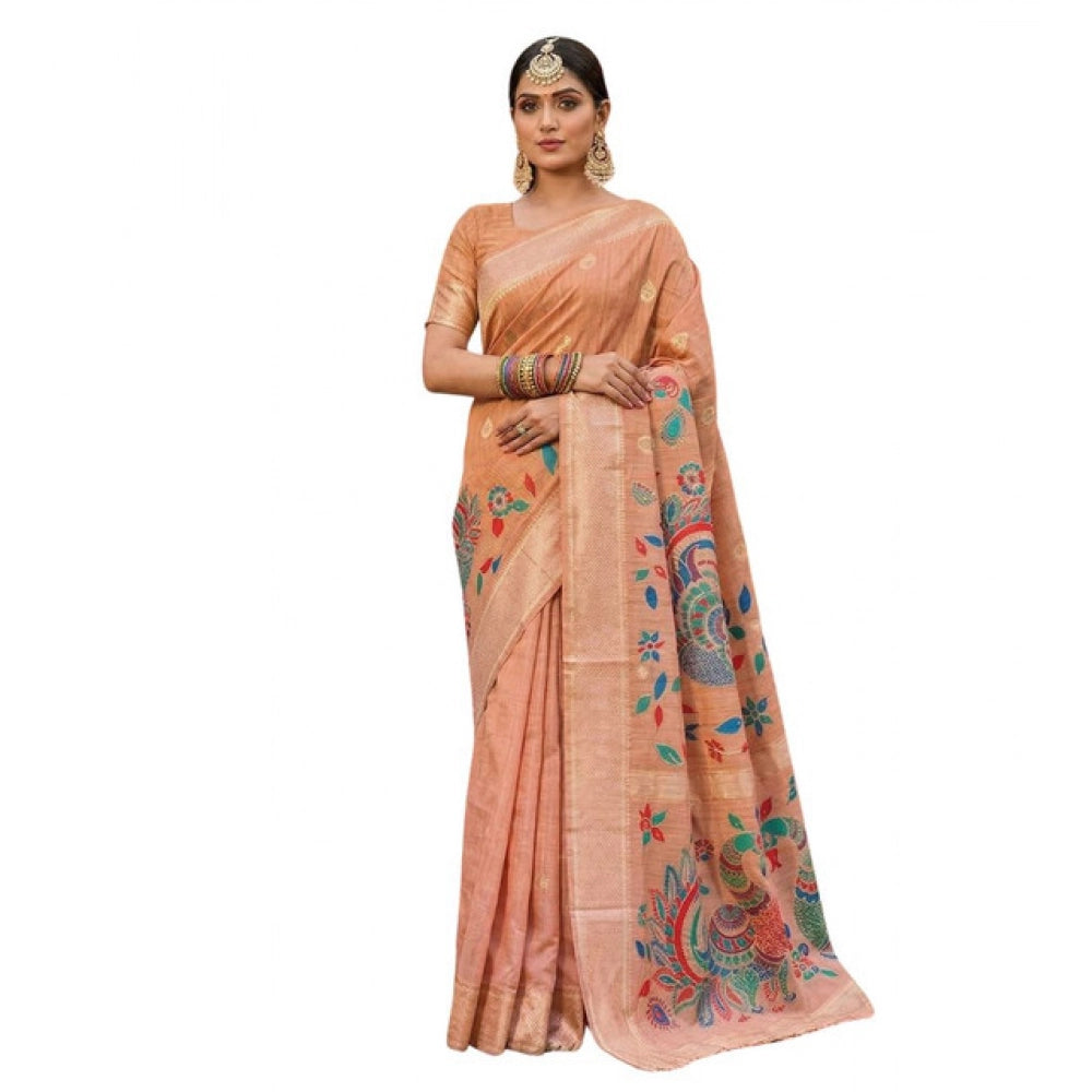 Women's Linen Cotton Floral Embroidered Saree With Unstitched Blouse 5.5Mtr (Peach)