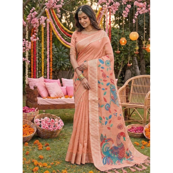 Women's Linen Cotton Floral Embroidered Saree With Unstitched Blouse 5.5Mtr (Peach)
