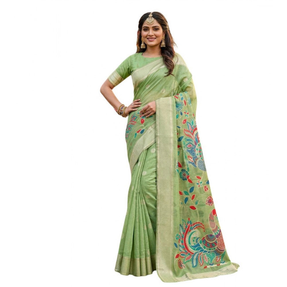 Women's Linen Cotton Floral Embroidered Saree With Unstitched Blouse 5.5Mtr (Light Green)