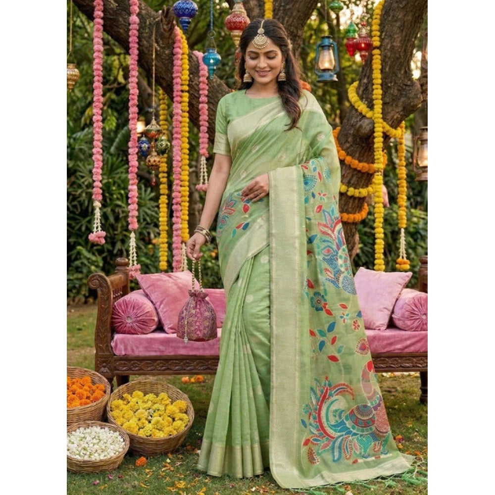 Women's Linen Cotton Floral Embroidered Saree With Unstitched Blouse 5.5Mtr (Light Green)