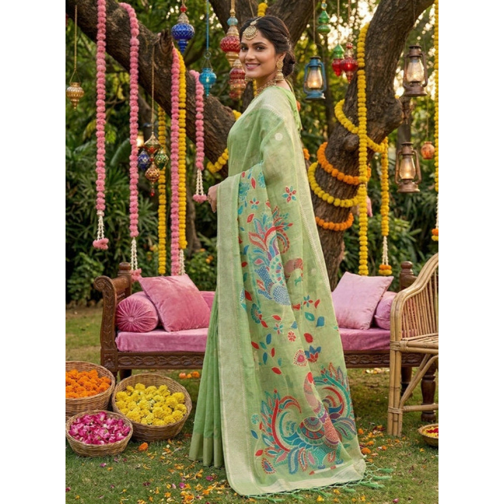 Women's Linen Cotton Floral Embroidered Saree With Unstitched Blouse 5.5Mtr (Light Green)
