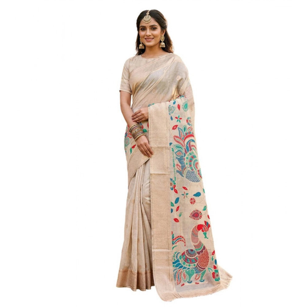 Women's Linen Cotton Floral Embroidered Saree With Unstitched Blouse 5.5Mtr (Cream)