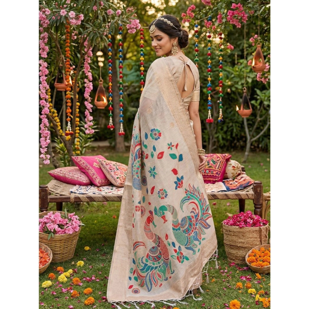 Women's Linen Cotton Floral Embroidered Saree With Unstitched Blouse 5.5Mtr (Cream)