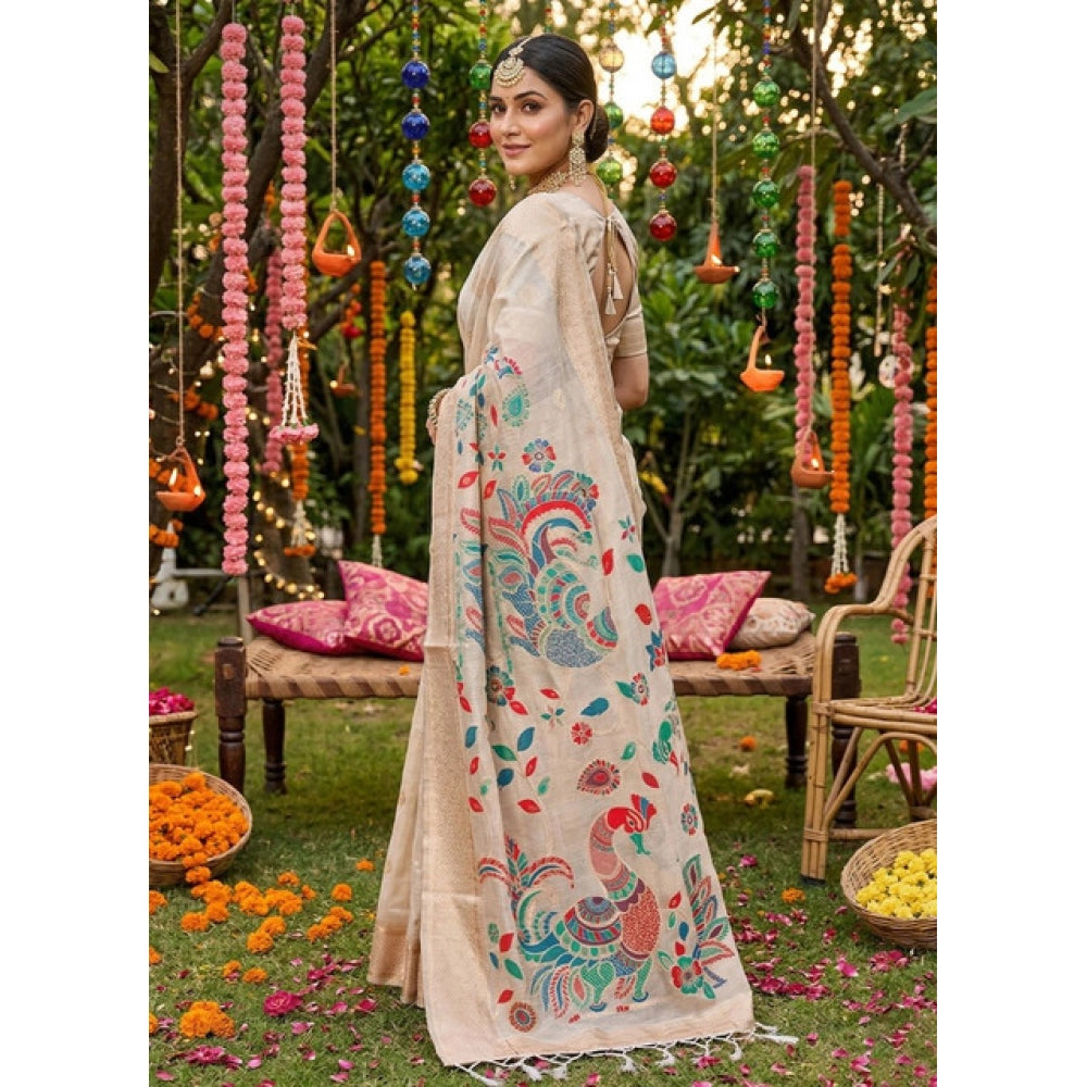 Women's Linen Cotton Floral Embroidered Saree With Unstitched Blouse 5.5Mtr (Cream)