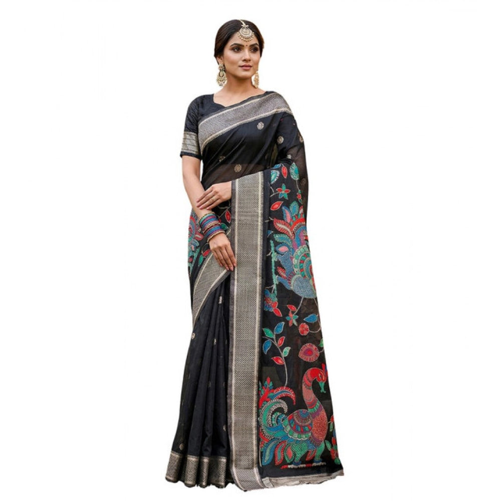 Women's Linen Cotton Floral Embroidered Saree With Unstitched Blouse 5.5Mtr (Black)