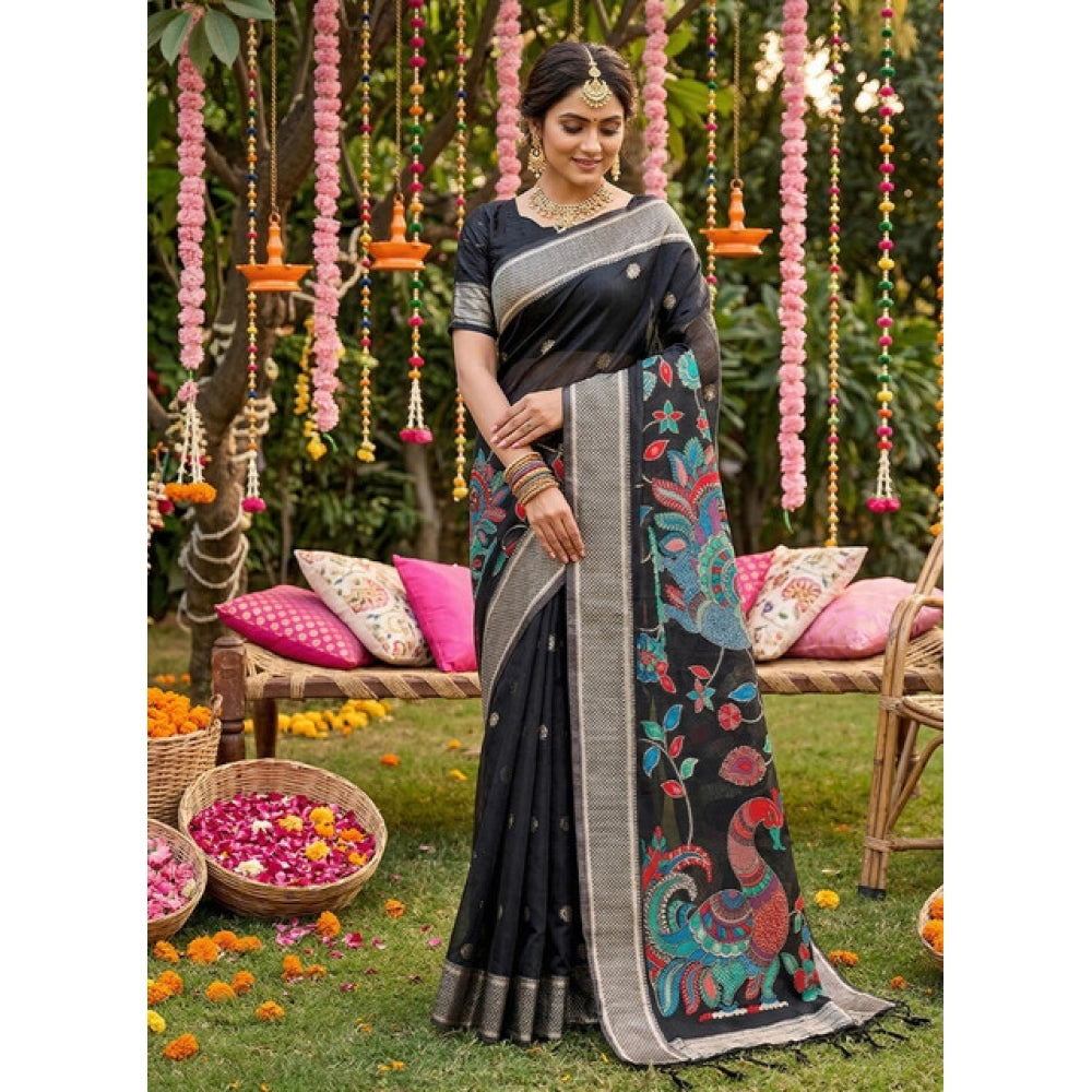 Women's Linen Cotton Floral Embroidered Saree With Unstitched Blouse 5.5Mtr (Black)