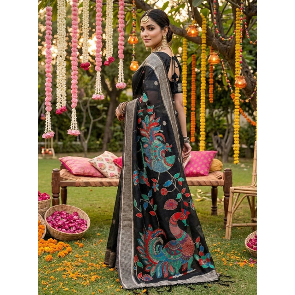 Women's Linen Cotton Floral Embroidered Saree With Unstitched Blouse 5.5Mtr (Black)