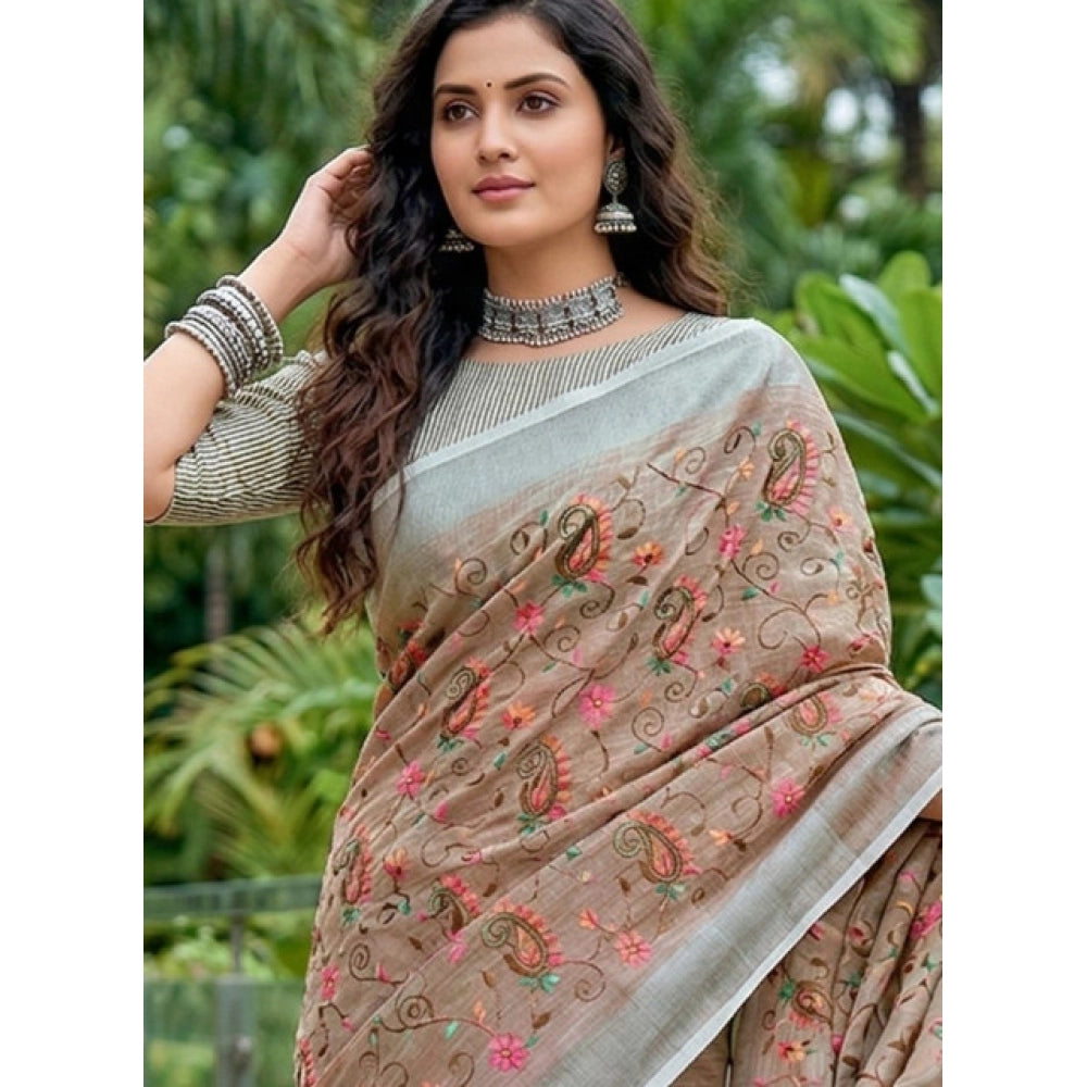 Women's Linen Floral Embroidered Saree With Unstitched Blouse 5.5Mtr (Brown)