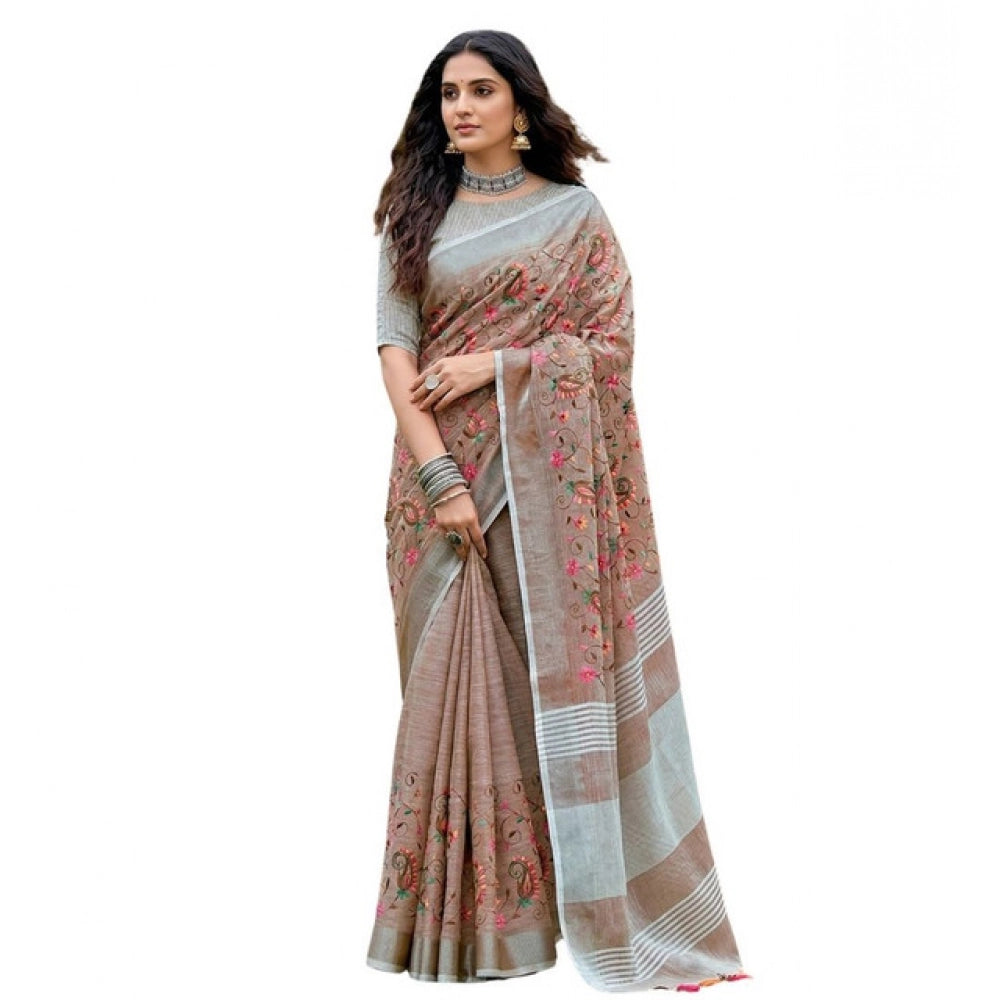 Women's Linen Floral Embroidered Saree With Unstitched Blouse 5.5Mtr (Brown)