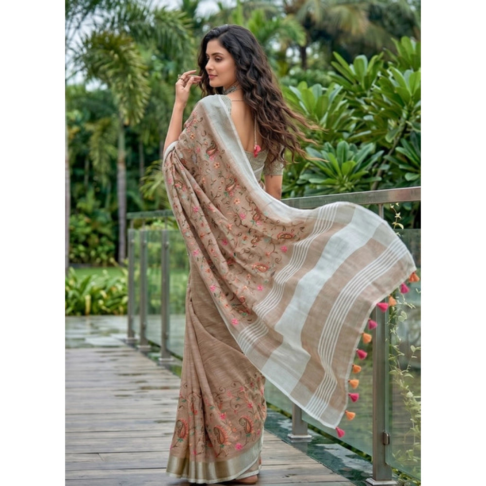 Women's Linen Floral Embroidered Saree With Unstitched Blouse 5.5Mtr (Brown)