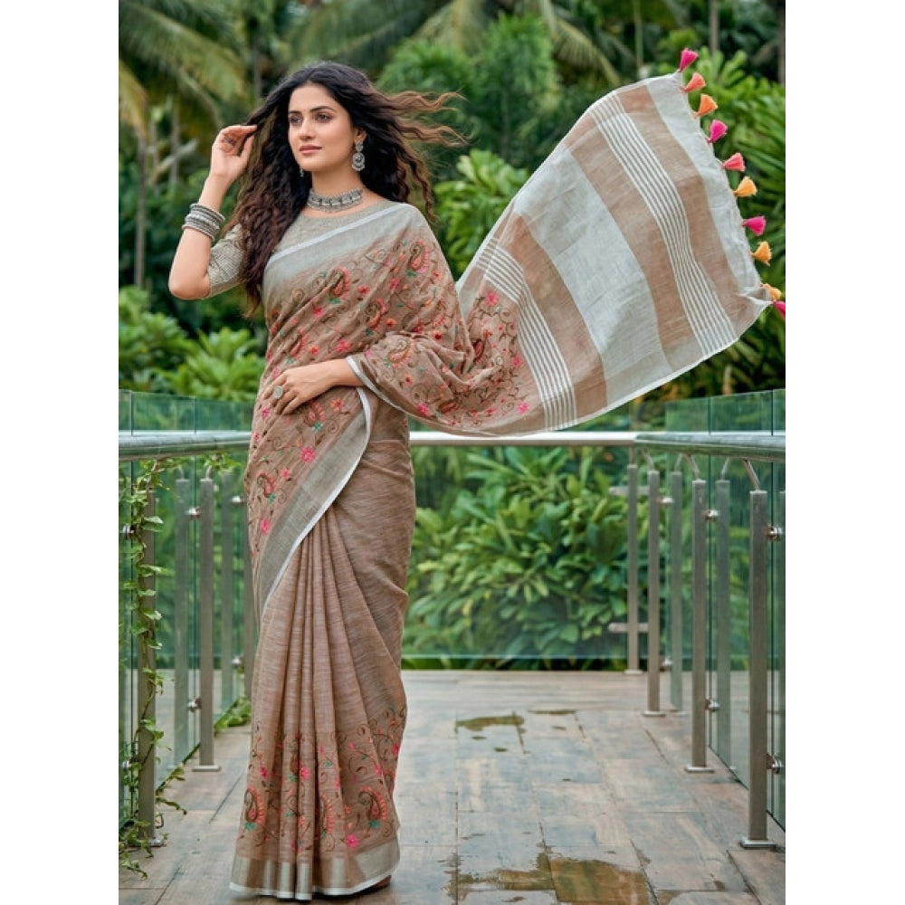 Women's Linen Floral Embroidered Saree With Unstitched Blouse 5.5Mtr (Brown)