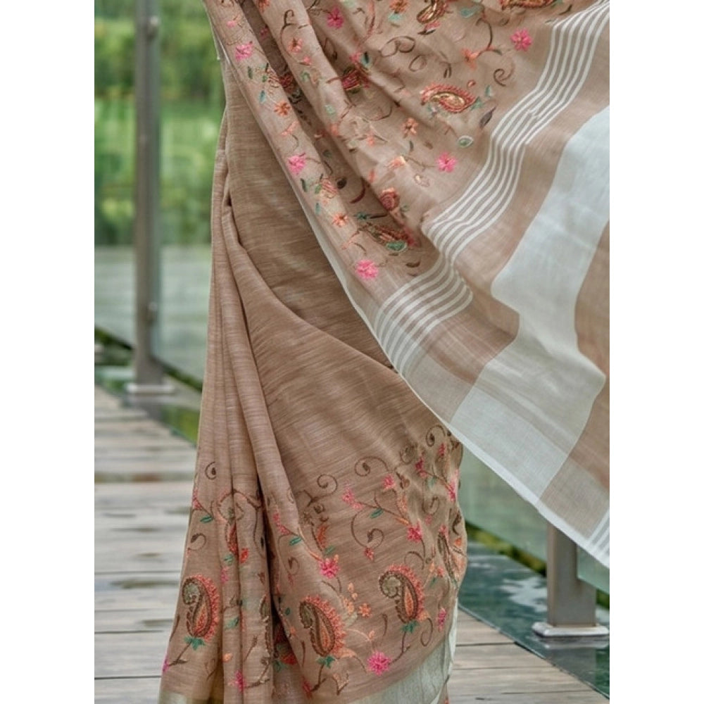 Women's Linen Floral Embroidered Saree With Unstitched Blouse 5.5Mtr (Brown)