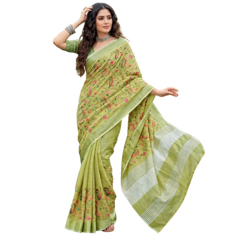 Women's Linen Floral Embroidered Saree With Unstitched Blouse 5.5Mtr (Light Green)