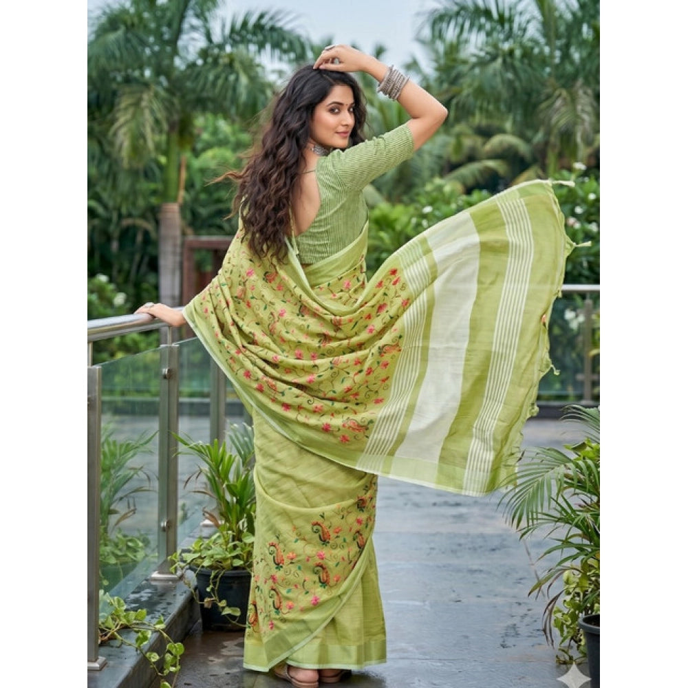 Women's Linen Floral Embroidered Saree With Unstitched Blouse 5.5Mtr (Light Green)