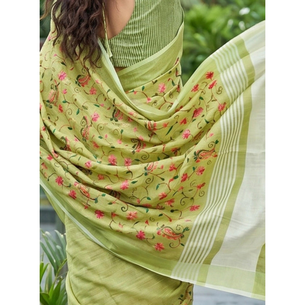 Women's Linen Floral Embroidered Saree With Unstitched Blouse 5.5Mtr (Light Green)