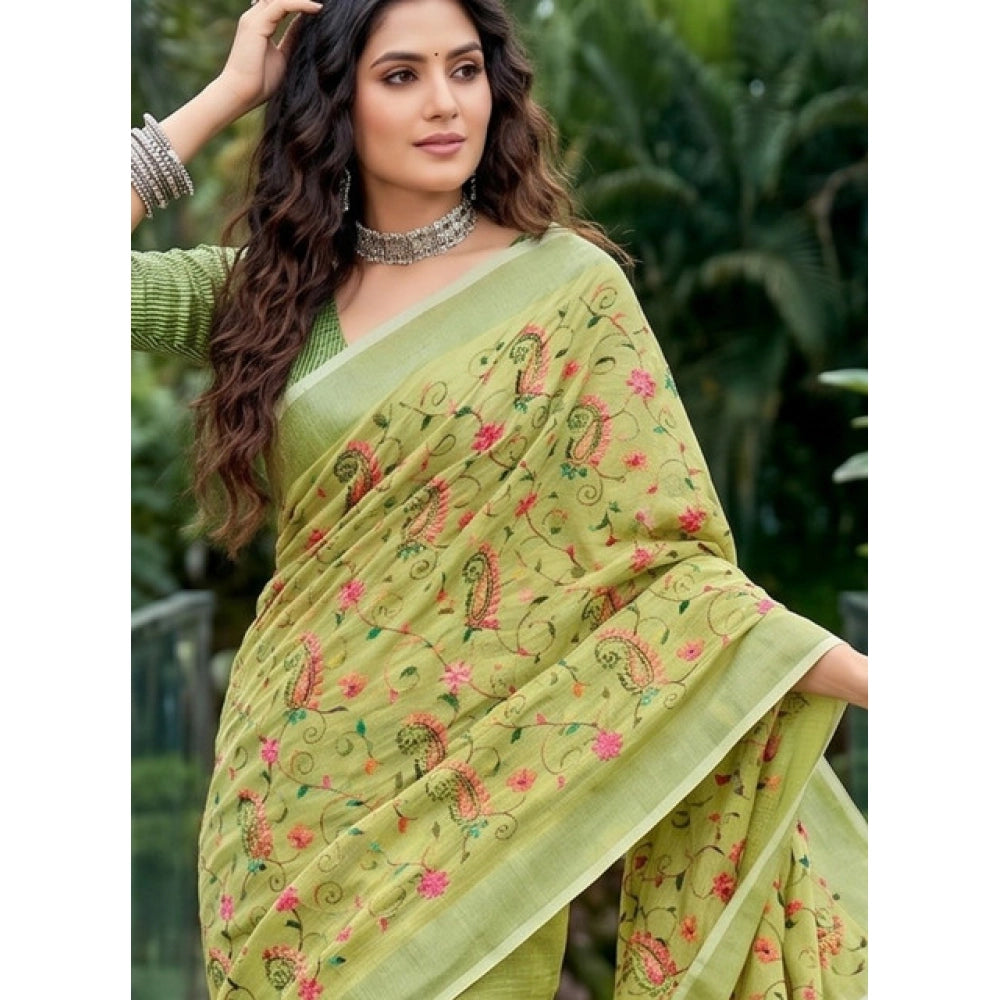 Women's Linen Floral Embroidered Saree With Unstitched Blouse 5.5Mtr (Light Green)