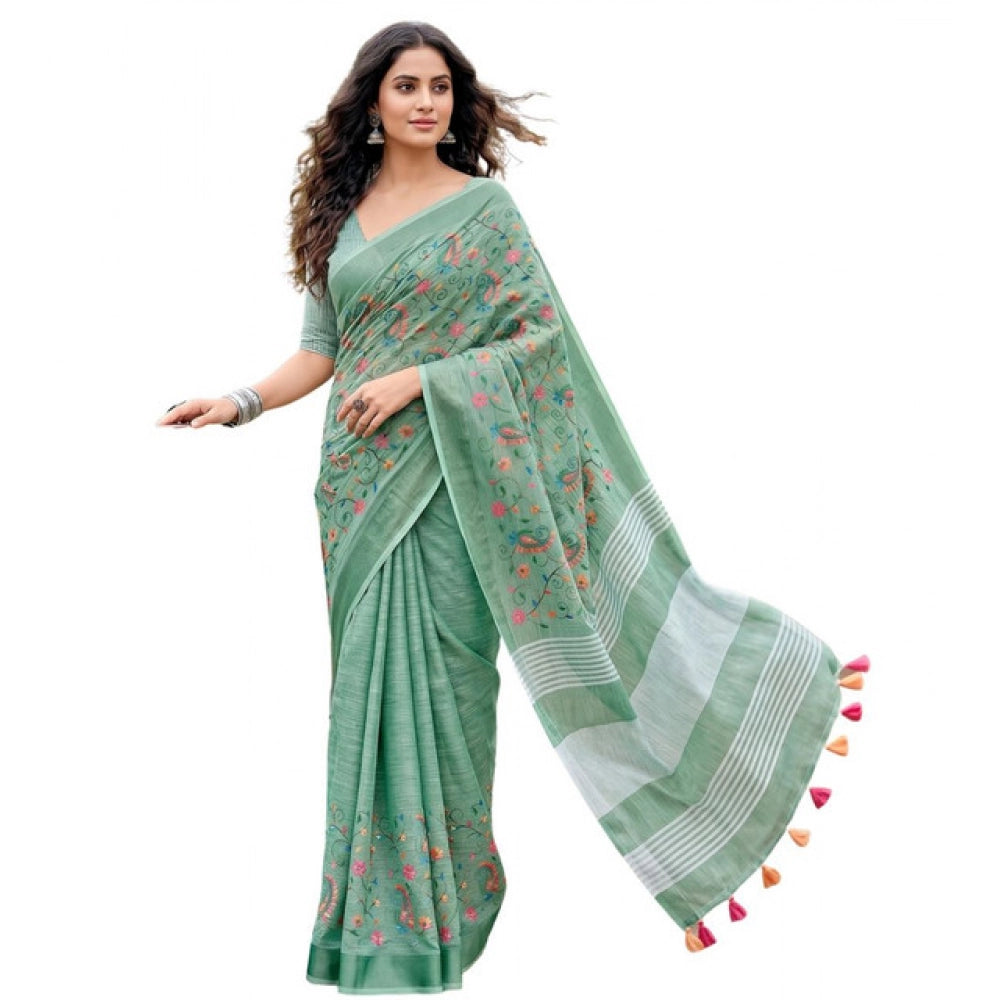 Women's Linen Floral Embroidered Saree With Unstitched Blouse 5.5Mtr (Sea Green)