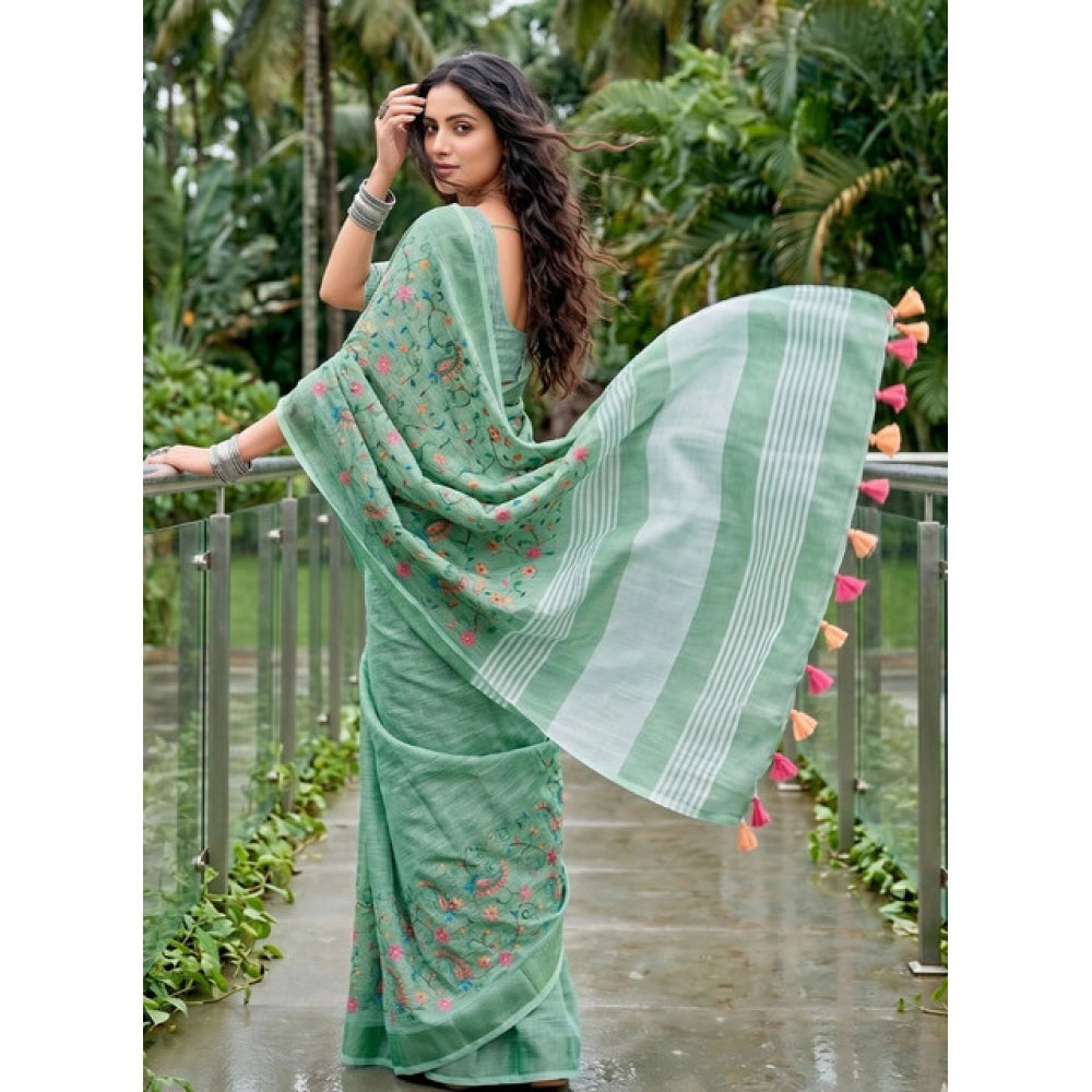 Women's Linen Floral Embroidered Saree With Unstitched Blouse 5.5Mtr (Sea Green)