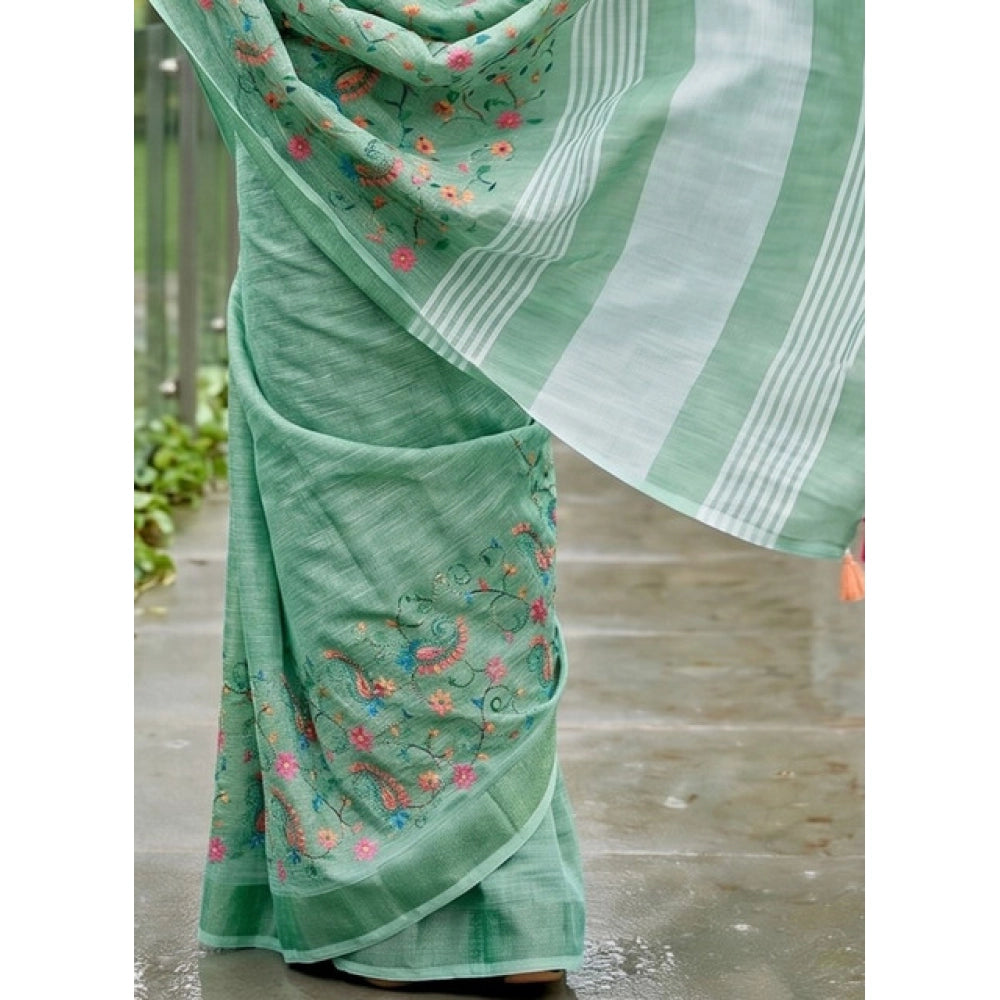Women's Linen Floral Embroidered Saree With Unstitched Blouse 5.5Mtr (Sea Green)