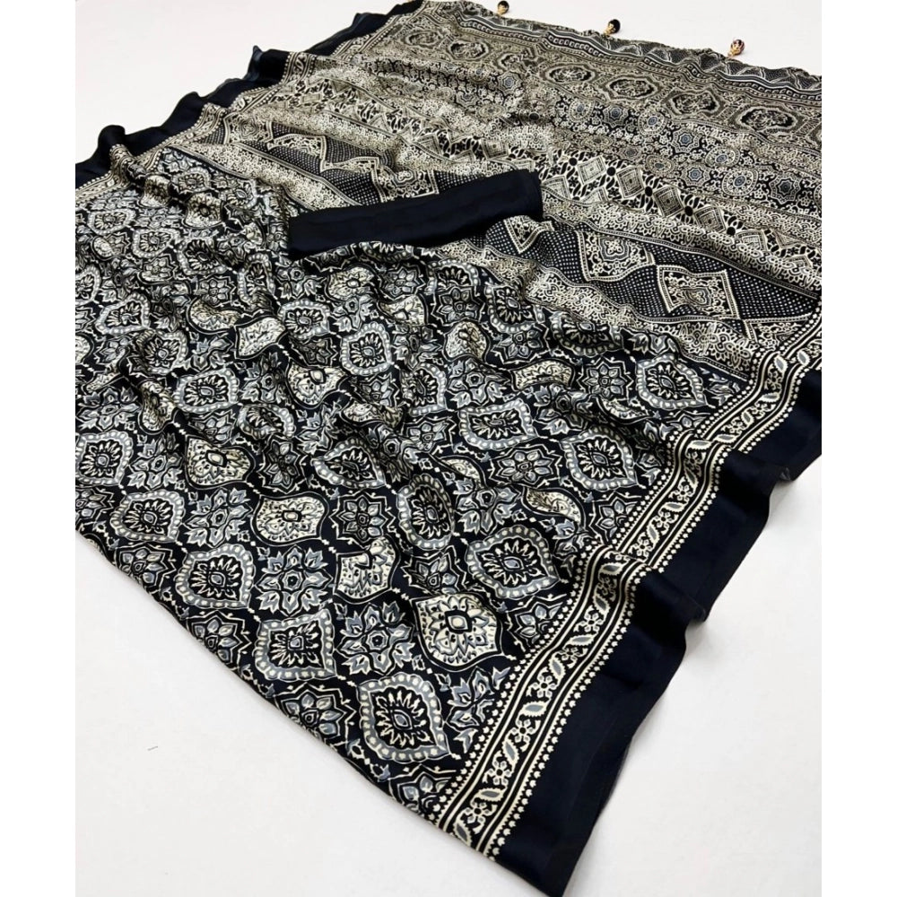 Women's Crepe Printed Saree With Unstitched Blouse 5.5Mtr (Black)