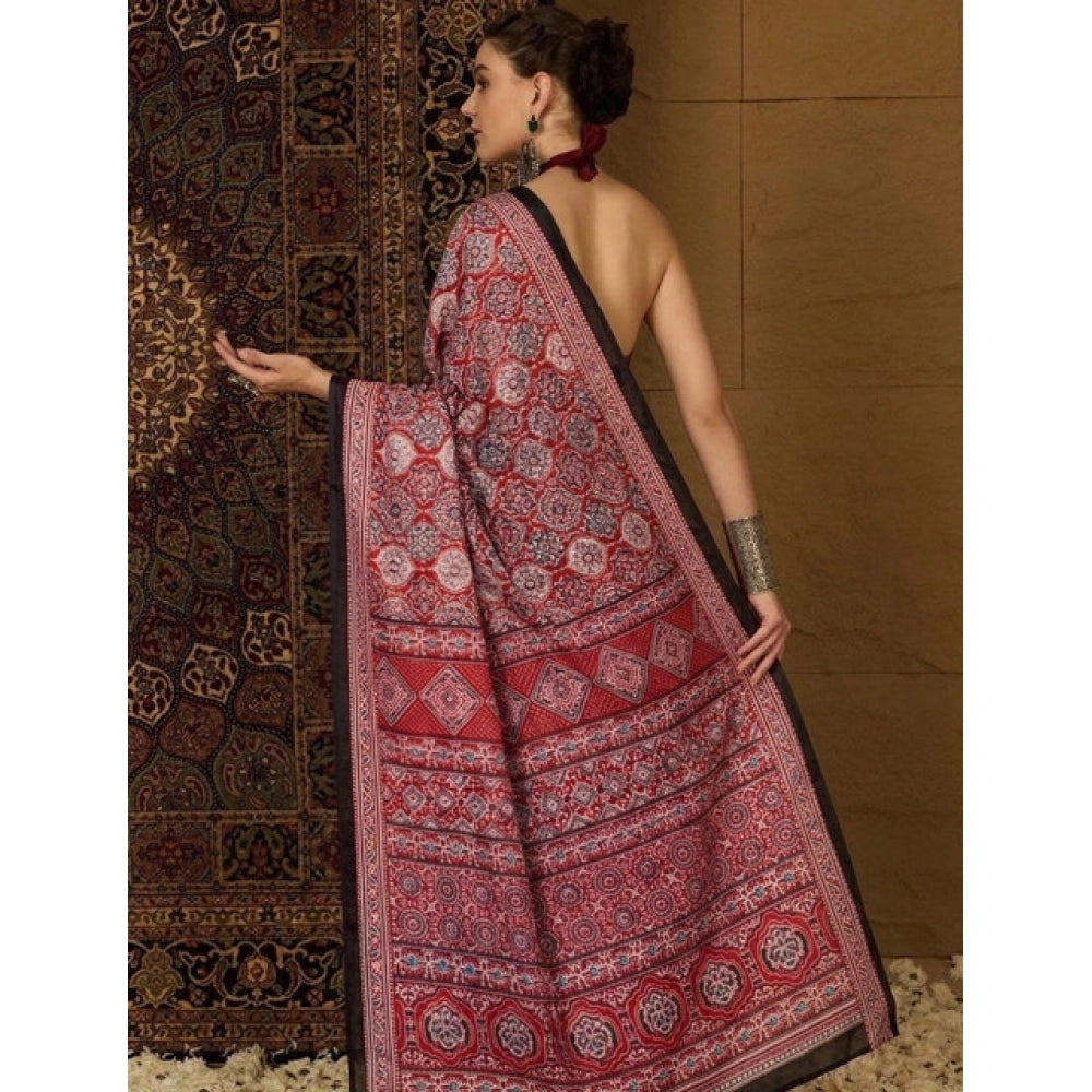 Women's Crepe Printed Saree With Unstitched Blouse 5.5Mtr (Maroon)