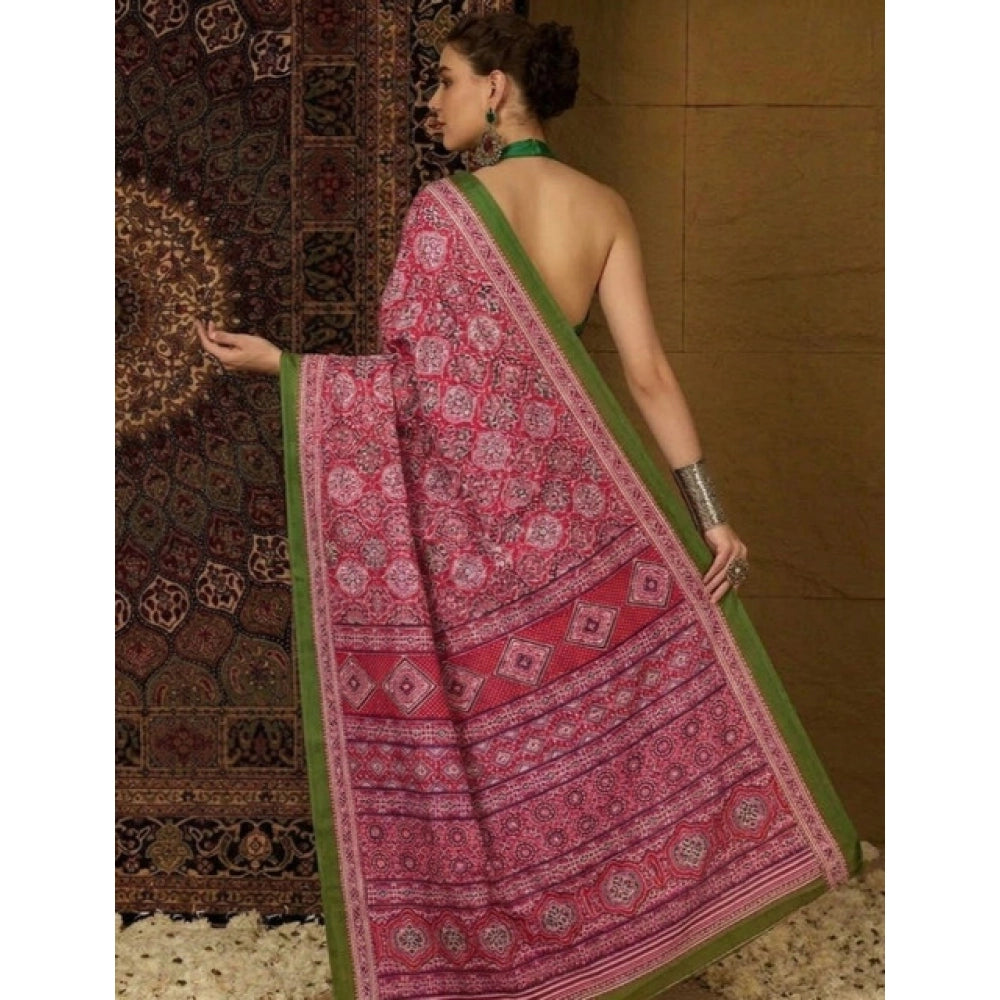 Women's Crepe Printed Saree With Unstitched Blouse 5.5Mtr (Pink)