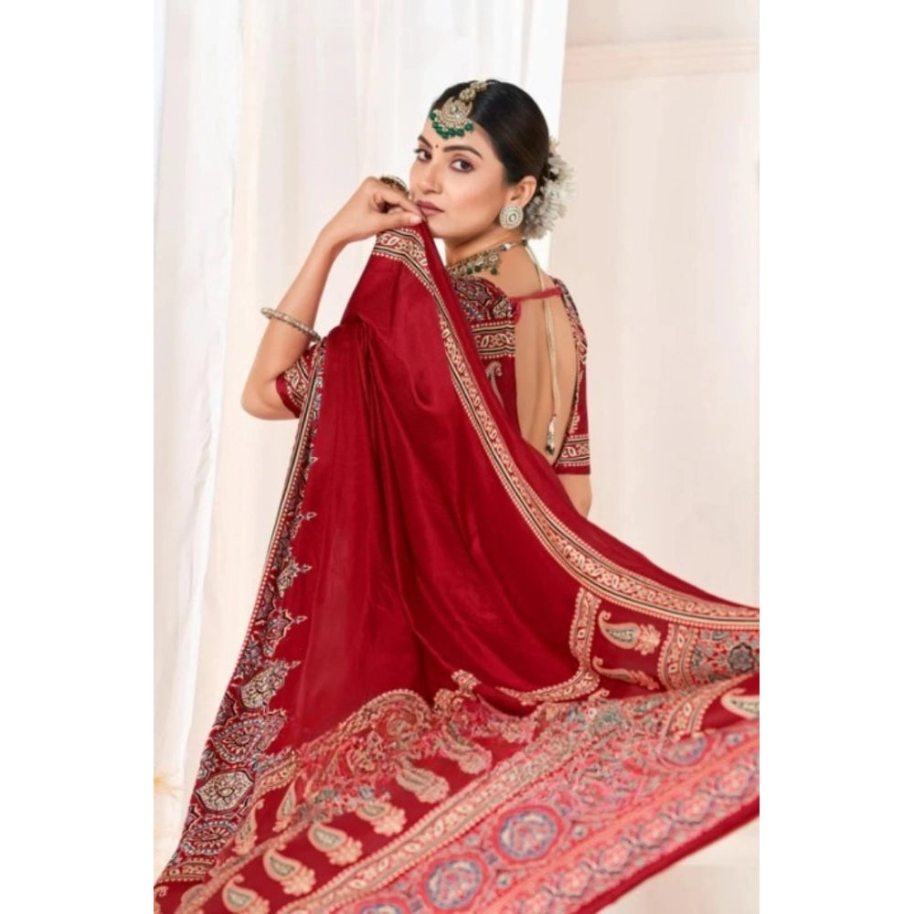 Women's Crepe Printed Saree With Unstitched Blouse 5.5Mtr (Maroon)