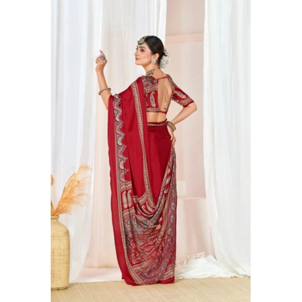 Women's Crepe Printed Saree With Unstitched Blouse 5.5Mtr (Maroon)