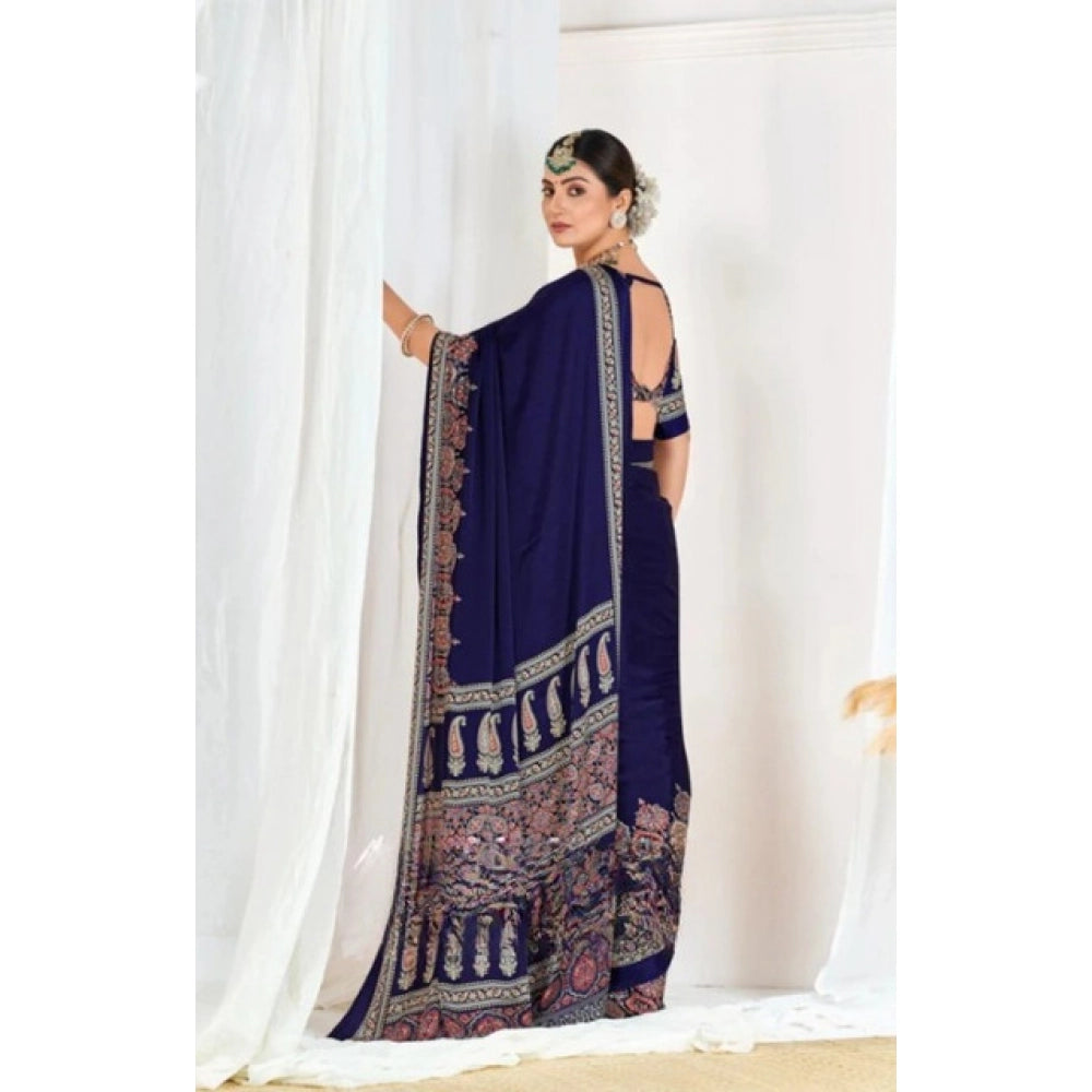 Women's Crepe Printed Saree With Unstitched Blouse 5.5Mtr (Navy Blue)