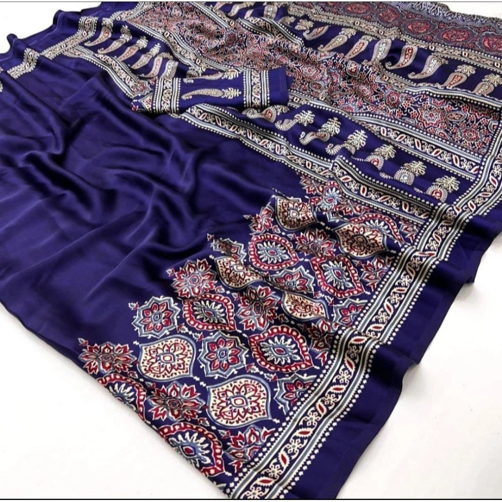 Women's Crepe Printed Saree With Unstitched Blouse 5.5Mtr (Navy Blue)