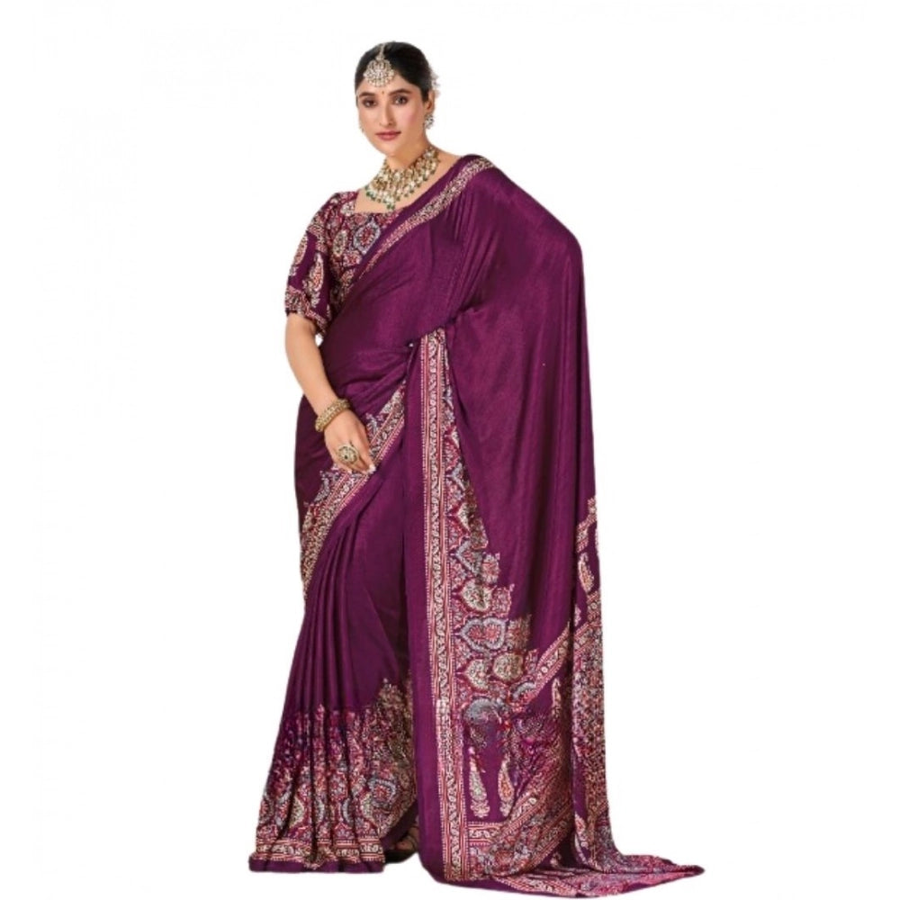 Women's Crepe Printed Saree With Unstitched Blouse 5.5Mtr (Wine)