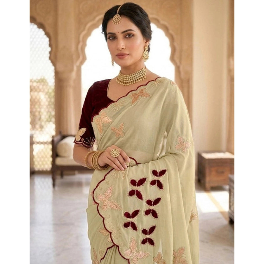 Women's Star Georgette Embellished Saree With Unstitched Blouse 5.5Mtr (Beige-Maroon)