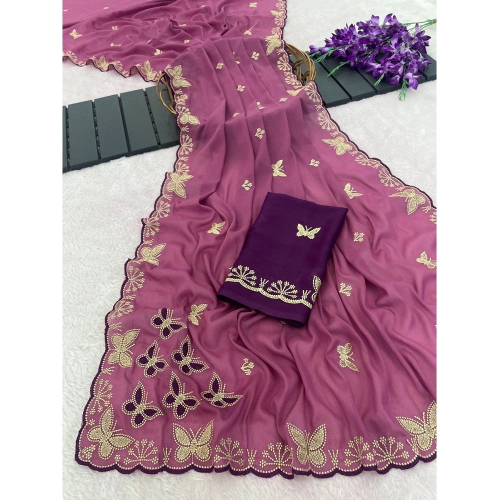 Women's Star Georgette Embellished Saree With Unstitched Blouse 5.5Mtr (Dusty Purple-Blue)