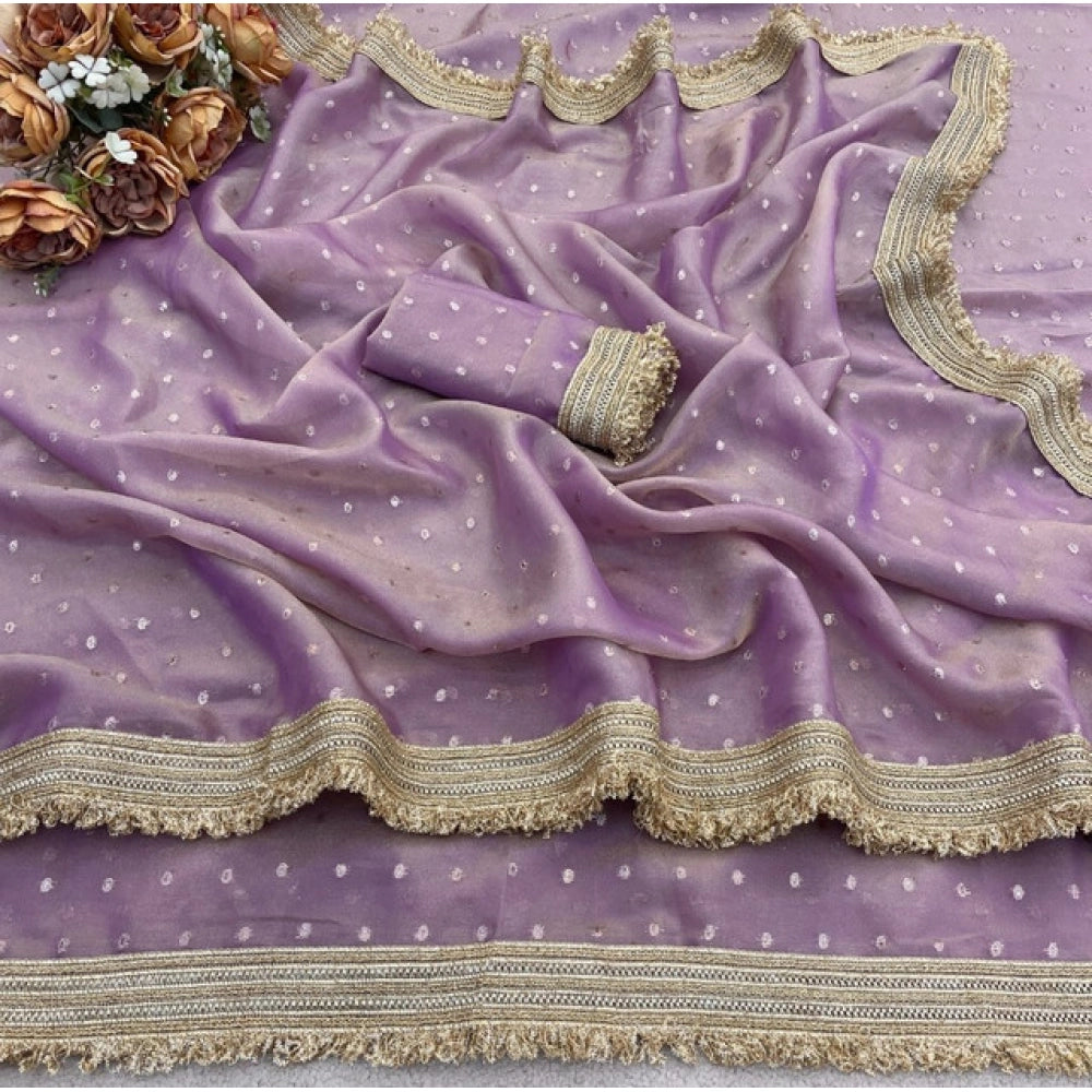 Women's Silk Embellished Saree With Unstitched Blouse 5.5Mtr (Lavender)