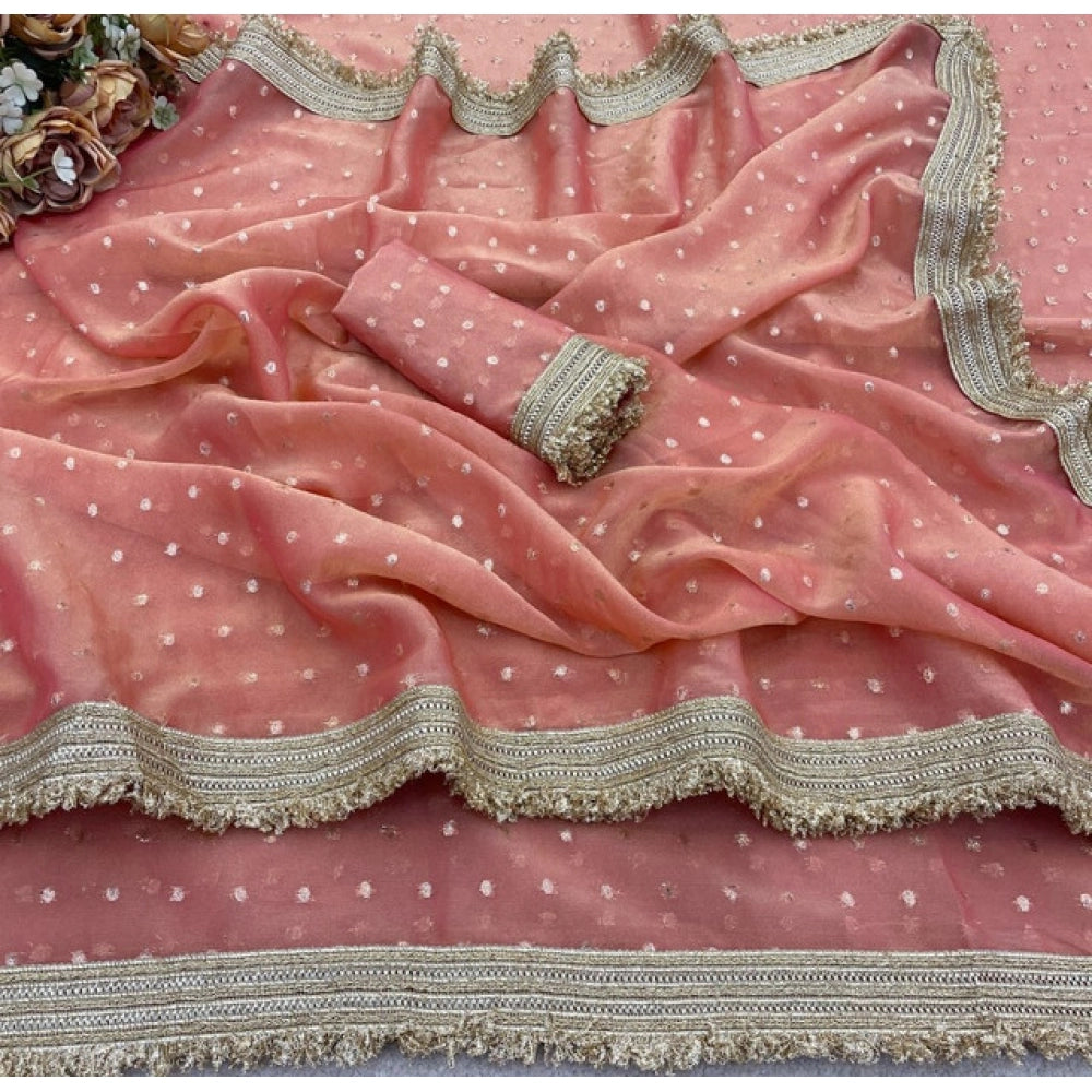 Women's Silk Embellished Saree With Unstitched Blouse 5.5Mtr (Peach)